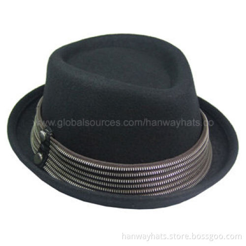 Men's Black Wool Felt Fedora Hat with Patent PVC and Zipper Trim